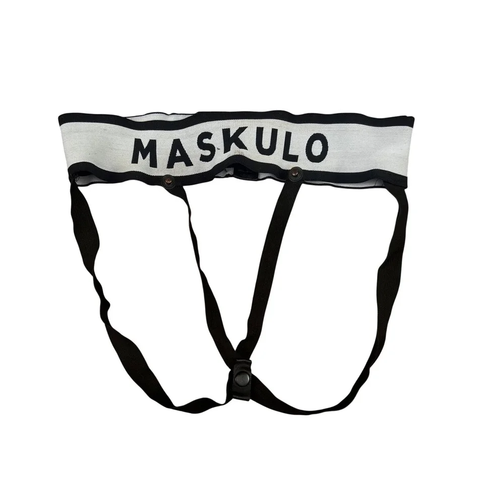Maskulo Mens Logo Elastic Jockstrap Harness White Black Snap‎ Button Underwear